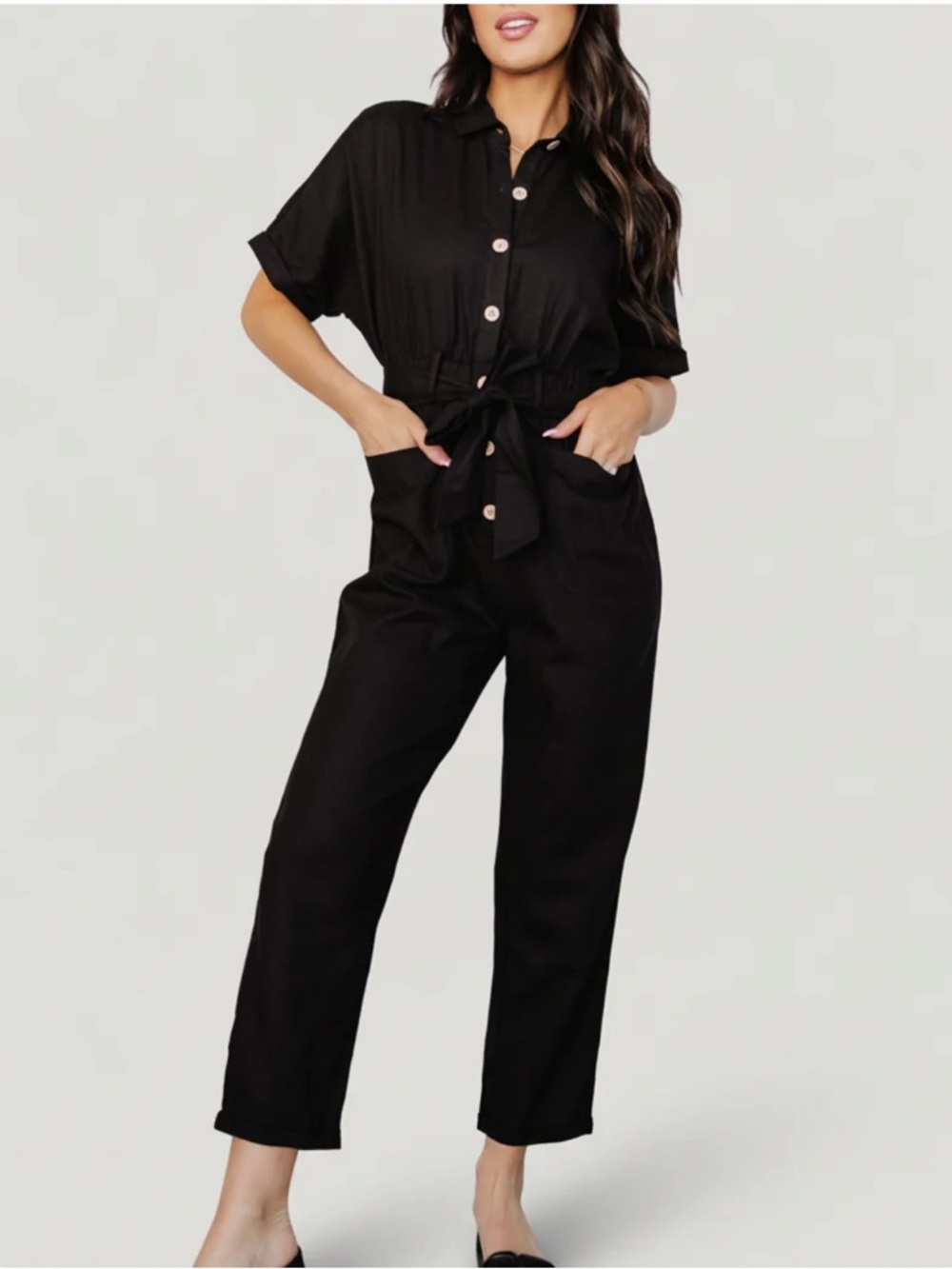 Baltic Born - Dallas Button Up Jumpsuit | Black - Short-Sleeve Tie-Waist